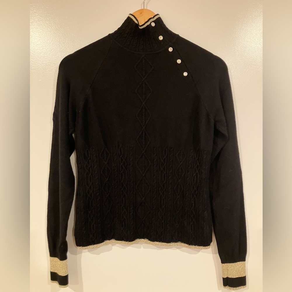 NILS Black Cable Knit Sweater – Turtleneck with Gold Trim & Jewel Buttons Size M